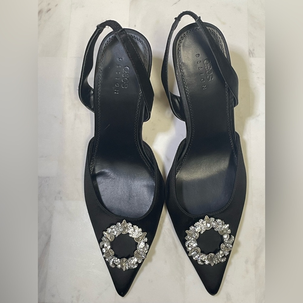 ASOS DESIGN Poppy embellished slingback high heeled shoes in black